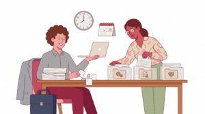 Freundliche semi-flache Illustration einer angestellten Person am Schreibtisch, die nebenberufliche Selbstständigkeit mit Unterlagen zu Arbeitgeber, Steuern und Krankenkasse organisiert.