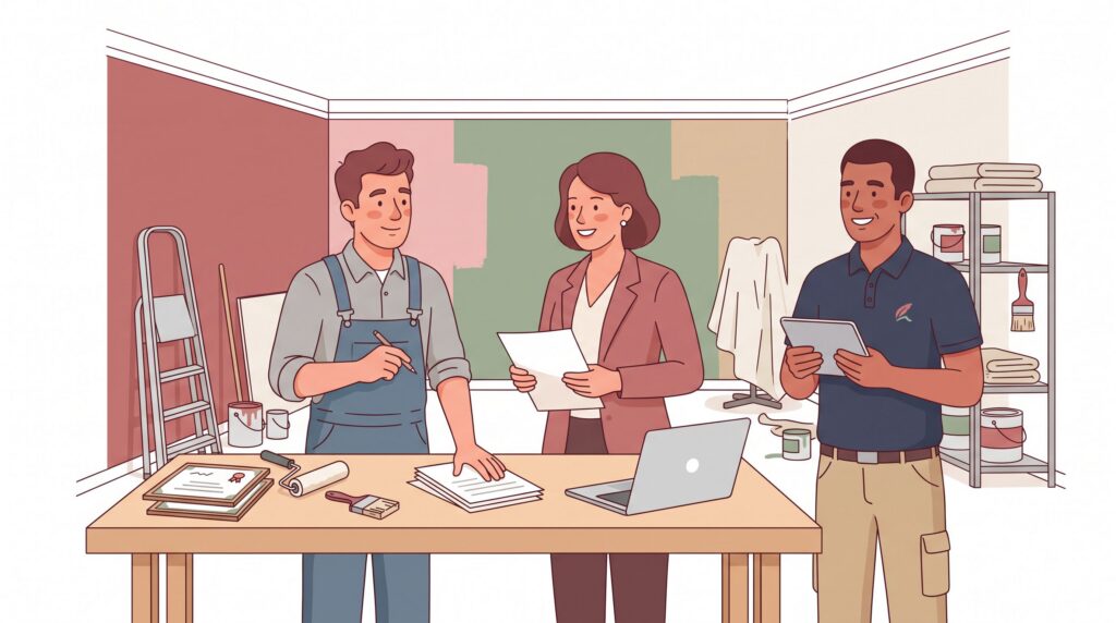 Freundliche semi-flache Illustration eines angehenden selbstständigen Malers im Gespräch mit einer Beraterin und einem angestellten Meister an einem Arbeitstisch mit Unterlagen und Malerwerkzeug.