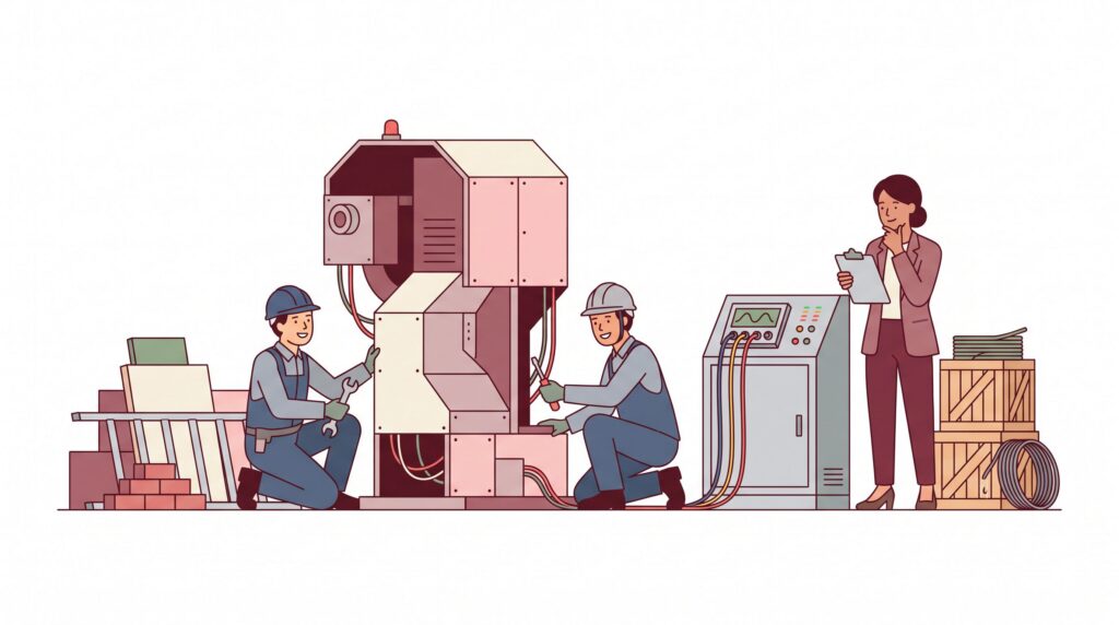 Illustration eines Montageprojekts mit Technikern, Industrieanlage, Prüfgerät und Projektprüfung zur Montageversicherung