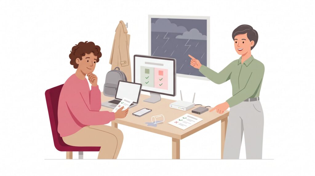 Illustration einer selbstständigen Person im Homeoffice, die mit einer beratenden Person Schutz für Laptop, Smartphone und Büro-IT vergleicht.