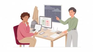 Illustration einer selbstständigen Person im Homeoffice, die mit einer beratenden Person Schutz für Laptop, Smartphone und Büro-IT vergleicht.