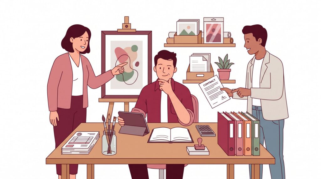Freundliche semi-flache Illustration eines selbstständigen Künstlers im Studio-Büro mit Beratungsgespräch, Unterlagen, Vertrag und Kunstwerken.