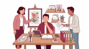 Freundliche semi-flache Illustration eines selbstständigen Künstlers im Studio-Büro mit Beratungsgespräch, Unterlagen, Vertrag und Kunstwerken.