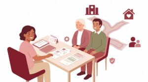 Semi-flat Illustration einer selbstständigen Betreuungskraft im Gespräch mit älterer Kundin und Angehörigem an einem Tisch mit Unterlagen, Formularen und verzweigtem Weg für verschiedene Betreuungsmodelle.
