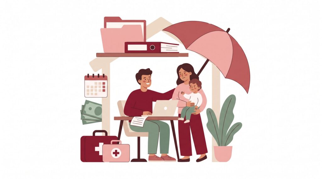 Illustration einer freiberuflichen Familie im Homeoffice unter einem schützenden Hausrahmen mit Schirm, Unterlagen und medizinischen Taschen als Symbol für Familienabsicherung.
