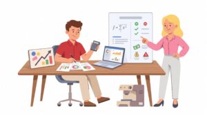 Illustration eines Gründers am Schreibtisch mit Rechner, Diagrammen, Laptop und Maschine, während eine Beraterin auf eine Vergleichsübersicht zur ROI-Berechnung zeigt.