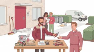 Illustration eines selbstständigen Hausmeisters vor einem Mehrfamilienhaus mit Reinigungsgeräten, Arbeitsunterlagen und Übergabe von Fachwerkzeug an einen qualifizierten Handwerkspartner.