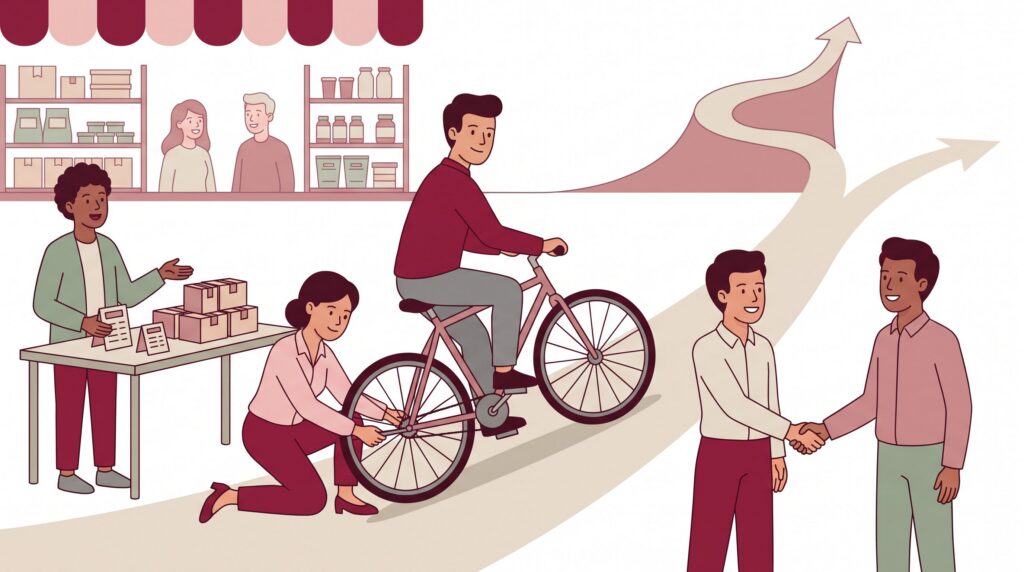Illustration eines kleinen Teams rund um ein Fahrrad auf einem Wachstumspfad mit Partnerschaft, Preisgestaltung und Prozessstabilität als Symbole für schnelles, kontrolliertes Unternehmenswachstum