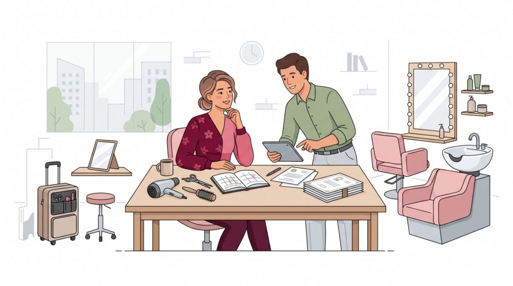 Illustration einer Friseurin ohne Meisterbrief bei der Planung ihrer Selbstständigkeit mit Berater, mobilem Friseurset und Salonbereich