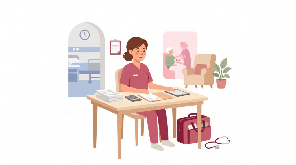 Illustration einer selbstständigen Krankenschwester am Schreibtisch mit Unterlagen, Medizintasche und Kontrast zwischen Krankenhaus und ambulanter Pflege