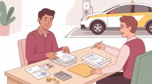 Freundlicher angehender Taxiunternehmer an einem Anmeldeschreibtisch mit Unterlagen, Sachbearbeiter und Taxi im Hintergrund