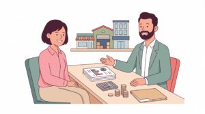 Illustration zur gewerblichen Immobilienfinanzierung mit Unternehmerin und Finanzberater am Tisch, Unterlagen, Rechner, Münzstapeln und Modell einer Gewerbeimmobilie im Hintergrund.