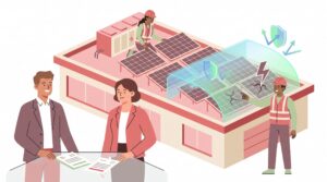 Illustration einer gewerblichen Photovoltaikanlage mit Unternehmer, Versicherungsberater und Arbeitern auf einem Firmengebäude