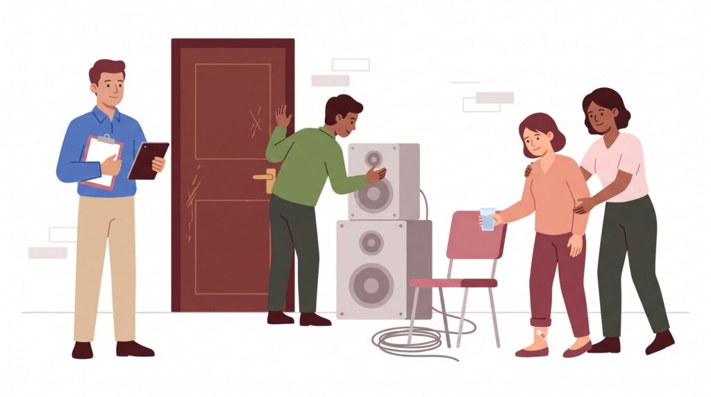 Illustration einer Veranstaltungshaftpflichtversicherung mit Veranstalter, gemieteter Halle, beschädigter Tür, Eventtechnik und verletzter Besucherin