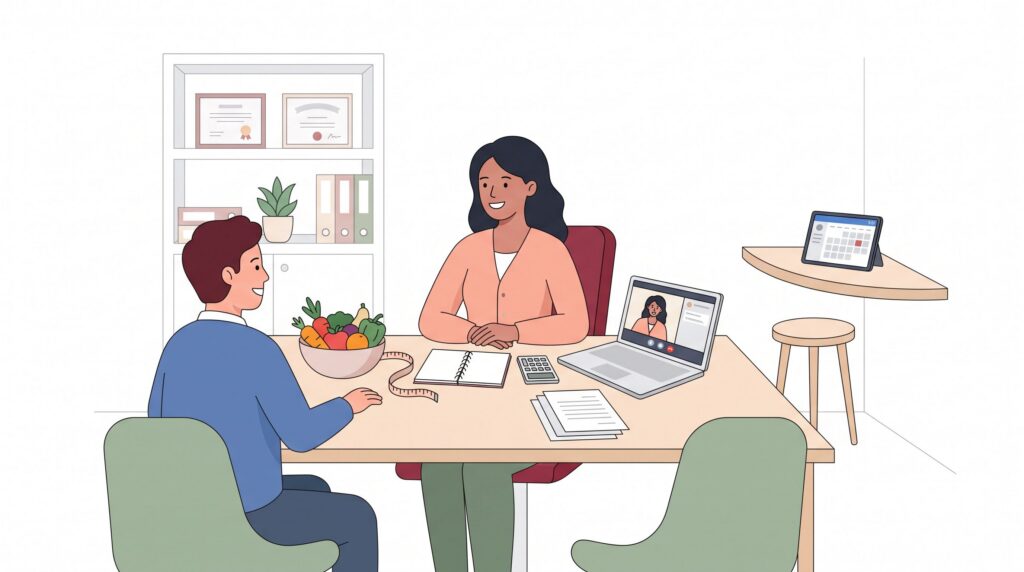 Freundliche Illustration einer selbstständigen Ernährungsberaterin im Beratungsgespräch mit Kunde in heller Praxis mit Lebensmitteln, Laptop und Unterlagen.