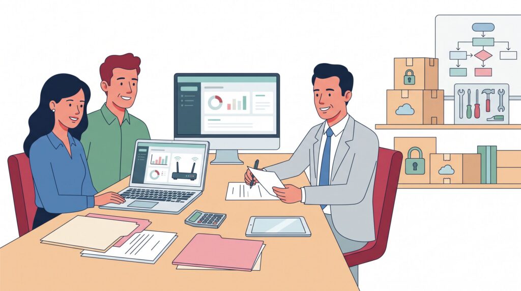 Illustration einer Gründerin und eines kleinen Unternehmens mit Bankberater bei der Planung einer geförderten Digitalisierungsinvestition