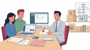 Illustration einer Gründerin und eines kleinen Unternehmens mit Bankberater bei der Planung einer geförderten Digitalisierungsinvestition