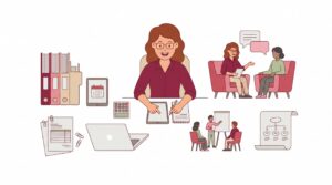 Illustration einer selbstständigen Coachin im Homeoffice mit Unterlagen zu Anmeldung und Finanzen sowie Szenen aus Coaching, Workshop und Preisplanung.