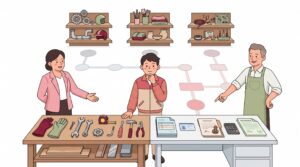 Illustration zur Selbstständigkeit im Handwerk mit Handwerker, Beraterin, Meister, Werkzeugen, Unterlagen und Versicherungsdokumenten