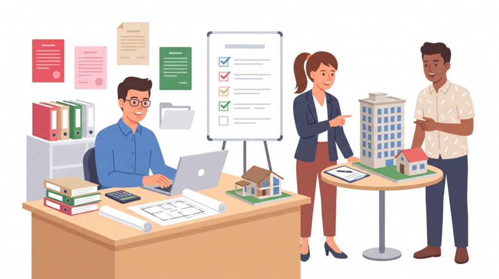 Illustration eines selbstständigen Energieberaters mit Kunde und Partner im Büro beim Start in die Selbstständigkeit