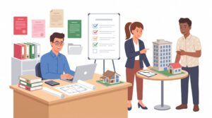 Illustration eines selbstständigen Energieberaters mit Kunde und Partner im Büro beim Start in die Selbstständigkeit