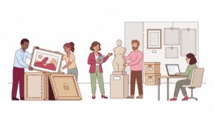 Illustration einer Galerie mit Kunsttransport, Hängung von Bildern, Skulptur auf Podest und Person mit Checkliste zur Ausstellungsversicherung