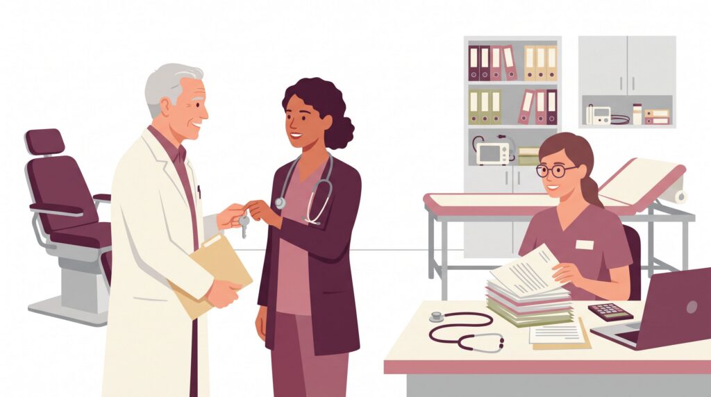 Illustration einer Praxisübernahme: Ein älterer Arzt übergibt einer jüngeren Ärztin Schlüssel und Unterlagen in einer hellen Arztpraxis, während eine Mitarbeiterin am Schreibtisch Dokumente prüft.