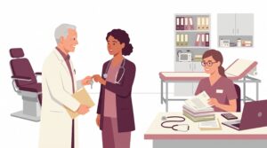 Illustration einer Praxisübernahme: Ein älterer Arzt übergibt einer jüngeren Ärztin Schlüssel und Unterlagen in einer hellen Arztpraxis, während eine Mitarbeiterin am Schreibtisch Dokumente prüft.