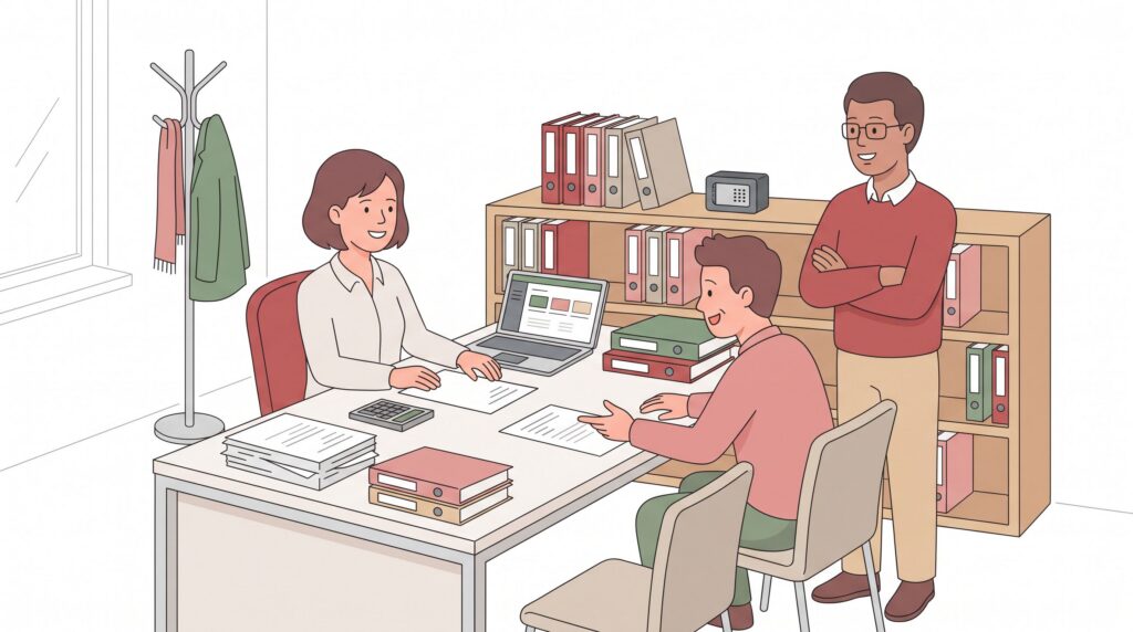 Freundliche semi-flache Illustration einer neu selbstständigen Steuerberaterin im minimalistischen Büro mit Mandant und Partner, Unterlagen, Laptop, Ordnern und sicherer digitaler Ausstattung.