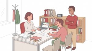 Freundliche semi-flache Illustration einer neu selbstständigen Steuerberaterin im minimalistischen Büro mit Mandant und Partner, Unterlagen, Laptop, Ordnern und sicherer digitaler Ausstattung.