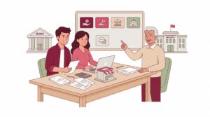 Illustration eines jungen Unternehmerpaares mit Berater bei der Planung von Fördermöglichkeiten für die Gründung