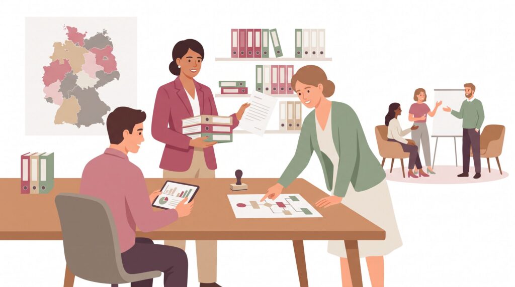 Illustration zum Deutschen Franchiseverband mit Franchisegeber, Franchisenehmer und Berater in einem Verbandsbüro