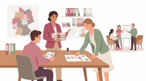 Illustration zum Deutschen Franchiseverband mit Franchisegeber, Franchisenehmer und Berater in einem Verbandsbüro