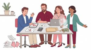 Illustration einer Vermögensschadenhaftpflicht-Situation mit Berater, IT-Freelancer, Kunde und Versicherungsberater an einem Schreibtisch