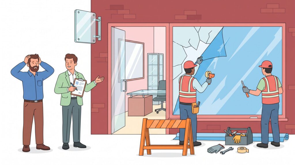 Illustration einer gewerblichen Glasversicherung mit beschädigtem Schaufenster, Geschäftsinhaber, Versicherungsberater und Glasreparatur am Ladenlokal