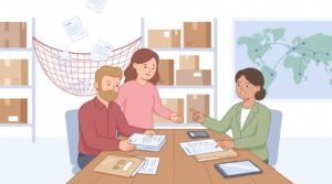 Illustration zur Warenkreditversicherung mit Unternehmern, Beraterin, Rechnungen, Paketen und Weltkarte für Inland und Export.