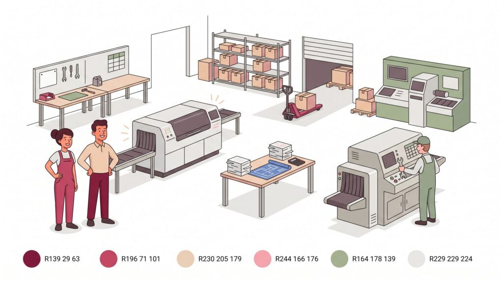 Illustration einer wachsenden Produktion mit zusätzlicher Maschine, erweitertem Arbeitsbereich, Lager, Verladung und gewarteter älterer Maschine als Kontrast zwischen Erweiterung und Ersatz.