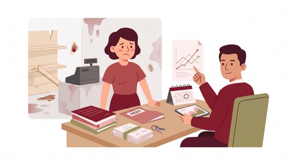 Illustration zur Ertragsausfallversicherung mit Geschäftsinhaberin in beschädigtem Laden und Versicherungsberater am Schreibtisch