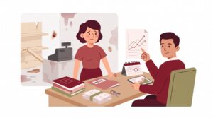 Illustration zur Ertragsausfallversicherung mit Geschäftsinhaberin in beschädigtem Laden und Versicherungsberater am Schreibtisch