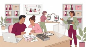 Illustration einer Vertrauensschadenversicherung in einem kleinen Büro mit besorgtem Unternehmer, Finanzverantwortlicher, interner Manipulation im Zahlungsprozess und beratender Versicherungsfachkraft.