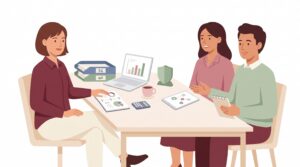 Illustration eines selbstständigen Unternehmensberaters im Beratungsgespräch mit Unterlagen zu Status, Kalkulation und Kundengewinnung