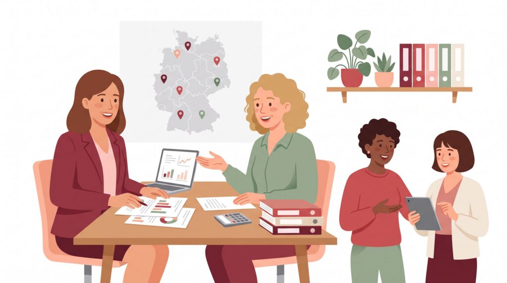 Illustration einer selbstständigen Frau im Beratungsgespräch zu Fördermöglichkeiten mit Netzwerk- und Regionalbezug in Deutschland