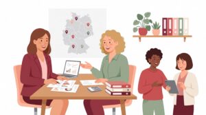 Illustration einer selbstständigen Frau im Beratungsgespräch zu Fördermöglichkeiten mit Netzwerk- und Regionalbezug in Deutschland