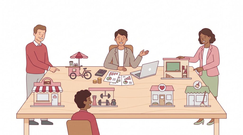 Illustration eines Gründers mit Beratern beim Vergleich verschiedener Franchise-Modelle an einem Tisch