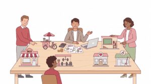 Illustration eines Gründers mit Beratern beim Vergleich verschiedener Franchise-Modelle an einem Tisch