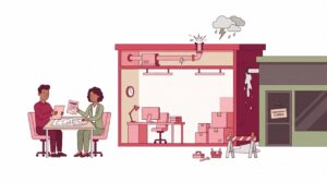 Illustration zur Firmen Immobilienversicherung mit Unternehmer, Versicherungsberaterin und beschädigtem Gewerbegebäude