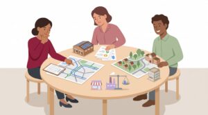Illustration eines kleinen Business-Teams, das an einem Tisch drei Standortoptionen anhand von Karte, Bewertungsbogen und Modellen für Büro, Laden, Lager und Produktion vergleicht.