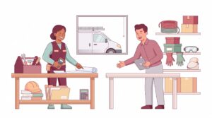 Selbstständiger Elektriker im Werkstatt-Büro spricht mit einem Berater über Gründung, Handwerksrolle und Installateurverzeichnis.