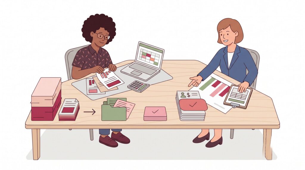 Illustration einer selbstständigen Person mit Steuerberaterin am Schreibtisch beim Sortieren von Rechnungen, Ausgaben und Unterlagen zur Berechnung des zu versteuernden Einkommens.