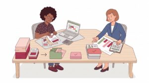 Illustration einer selbstständigen Person mit Steuerberaterin am Schreibtisch beim Sortieren von Rechnungen, Ausgaben und Unterlagen zur Berechnung des zu versteuernden Einkommens.
